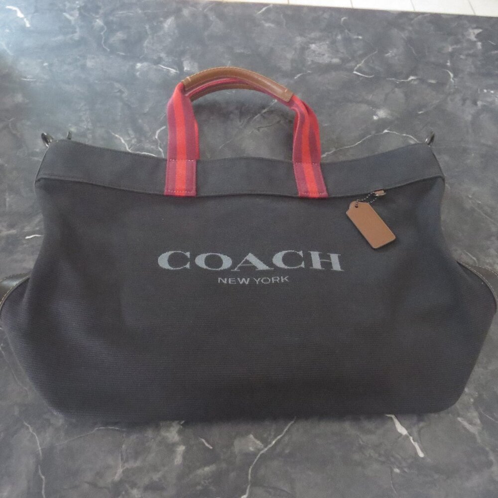 Coach Men’s Canvas & Leather Tote Bag – Black/Red Handles – New (B2)